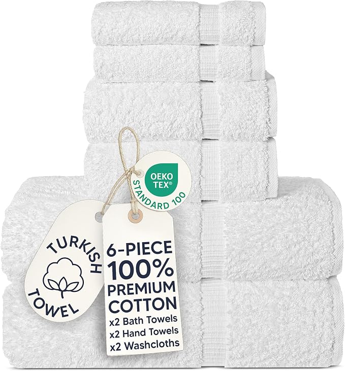 Chakir Turkish Linens Luxury Spa and Hotel Quality Premium Turkish Cotton 6-Piece Towel Set (2 x Bath Towels, 2 x Hand Towels, 2 x Washcloths) | 100% cotton 6-pc set, OEKO-TEX certified: 2 bath 27x54, 2 hand 16x30, 2 washcloths 13x13