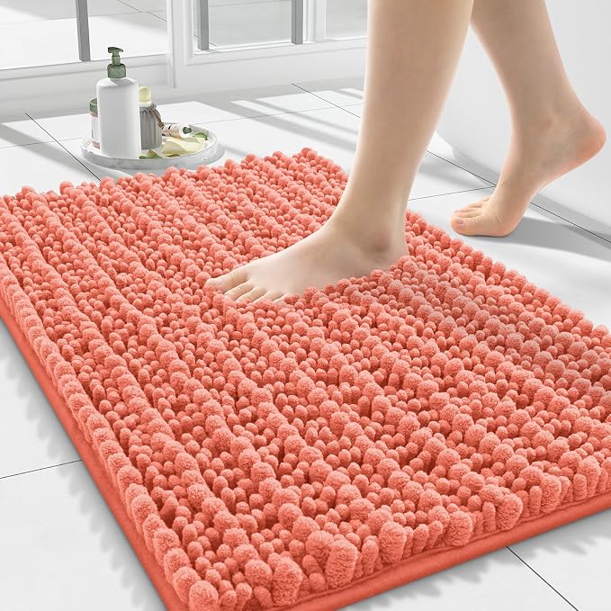 Smiry Bathroom Rugs 24X16, Extra Soft Rubber Backing Chenille Bath Mats | Coral Machine Washable Non Slip Quick Dry Bath Mats for Bathroom Floor, Tub, Shower, Home Decor Accessories