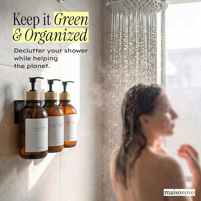 MaisoNovo Shampoo and Conditioner Dispenser|Refillable Amber Bamboo 3-Pack | 500 ml Shower Gel Dispenser Set of 3. Refillable Shampoo and Conditioner Bottles. Drill Free Secure Design. Amber Bamboo