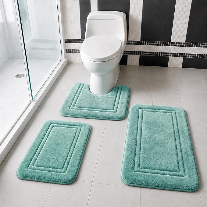 Bathroom Rugs Set 3 Piece Memory Foam, Bordered Toilet Rug, Non-Slip Teal | Coastal & Boho Decor — Rich Teal bath mats, absorbent and washable, with a U-shaped toilet mat.