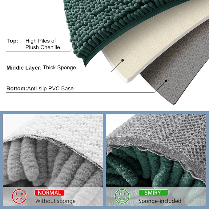 Smiry Chenille Bathroom Rugs Sets 2 Piece (30x20+ U Shape 24x20, Green) | Soft Absorbent Machine Washable Non Slip Shaggy Bath Rug Set for Tub, Shower, and Floor, Home Decor