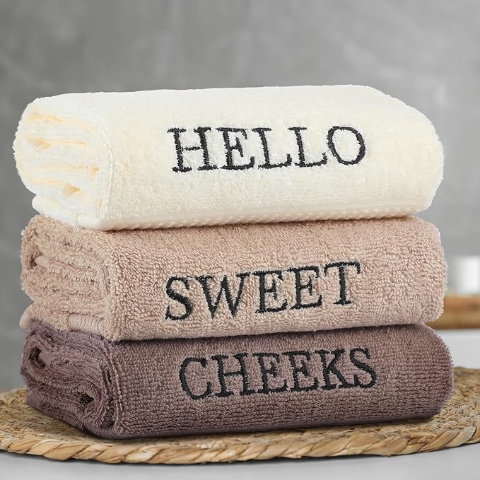 3 Pcs Hand Towels Bathroom Set,Brown,Hello Sweet Cheeks | Embroidered Cotton Farmhouse Towels, Kitchen Decor, Rustic Boho Decorative with Text Labels, Guest Bath Home