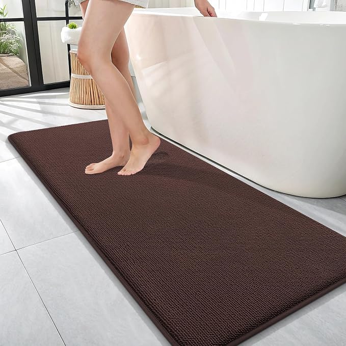 OLANLY Memory Foam Bathroom Runner Rugs 47x17, Absorbent Long Mat, Brown | Soft Quick Dry Bath Rugs, Non-Slip Carpet, Machine Washable Mat for Bathroom Floor, Tub and Shower, Home Decor Accessories
