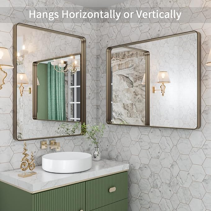 LOAAO 28"X36" Bronze Bathroom Mirrors | Rounded Rectangle, Brushed Bronze Metal Frame, Anti-Rust, Hangs Horizontally or Vertically