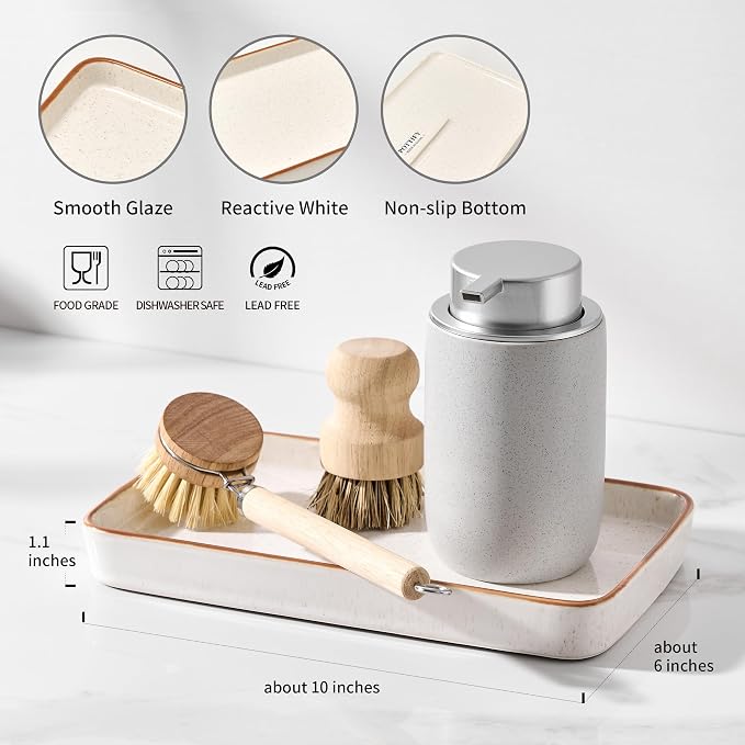 10"×6"×1" Bathroom Vanity Tray for Countertop- Ceramic Decorative Organizer Tray for Dresser Tops, Toilet, Perfume, Sponge Holder Soap Dish Dispenser for Kitchen Counter- Reactive White