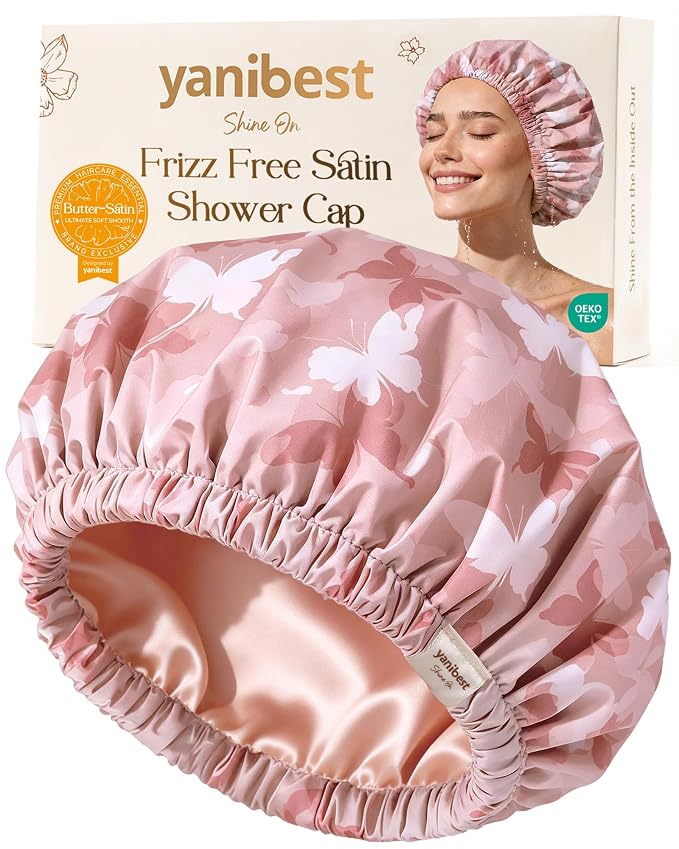 Yanibest Satin Lined Shower Cap, Shower Caps for Women Reusable Waterproof | Frizz Free & Large Durable Bath Cap with Soft Elastic Band, Luxury Hair Protection Caps, Nylon Shower Hair Cap