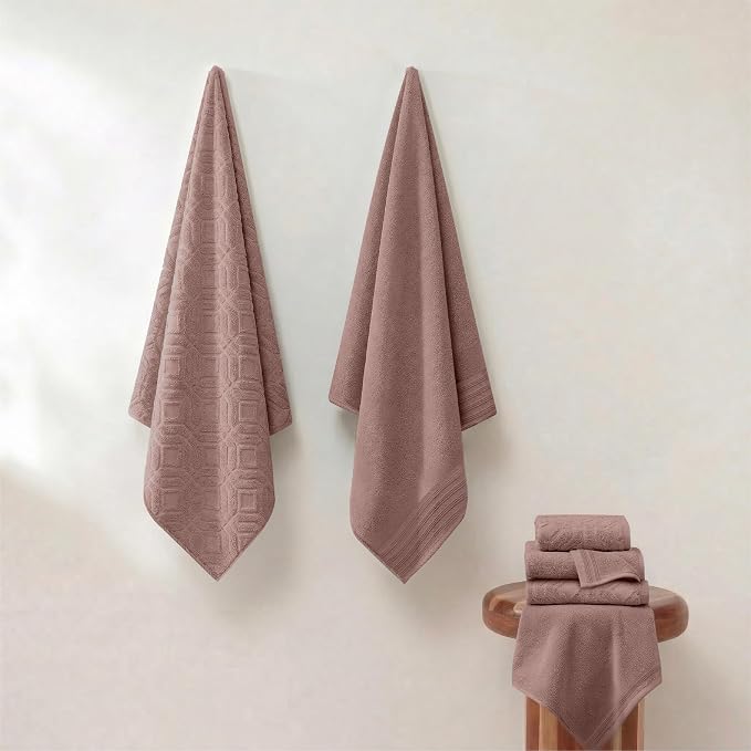 Modern Threads 6 Piece Cotton Bath Towel Set – Ultra Soft 550 GSM Towels – Bathroom Set with Hand Towels and Washcloths – Geometric (Blush)