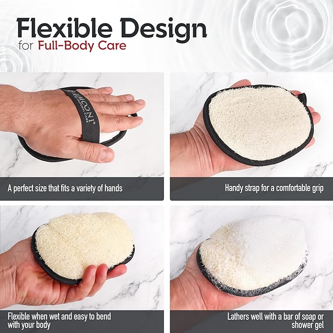 ALMOONI Loofah Sponge Body Scrubber for Men, Black, 2 Count | Natural Egyptian Loofah with Handle Strap, Dual-Sided with Cotton Back, Exfoliating Body Scrubber Loofah for Men