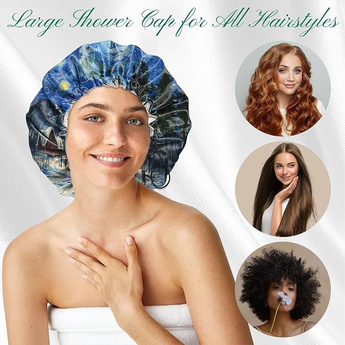 2 PCS Shower Cap Waterproof Double Layer Elastic Adjustable Reusable Hair Bath Caps for Girls Women Cute Aesthetic-Blue