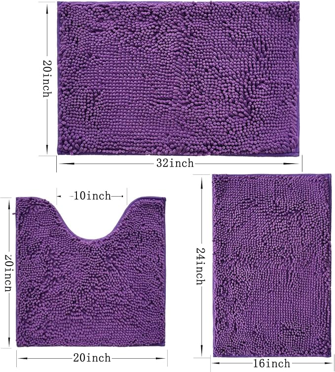 Bathroom Rugs Sets 3 Piece Non Slip,Bath Rugs with PVC Backing Bath Carpet,Bathroom Rug Washable,Absorbent,Plush Carpet Mats,Bath Mats for Bedroom, Kitchen,Tub,Home Decor (Purple)