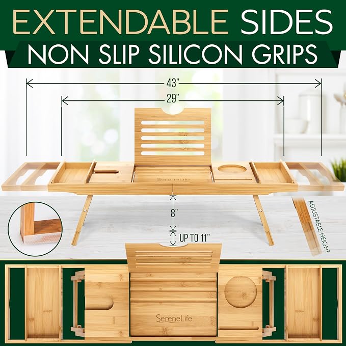 SereneLife Bath Caddy Breakfast Tray Combo, Natural Bamboo Wood Waterproof Bathtub Caddy and Bed Tray with Folding Slide-Out Arms, Spa Trays and Soap Box, Smartphone Holder