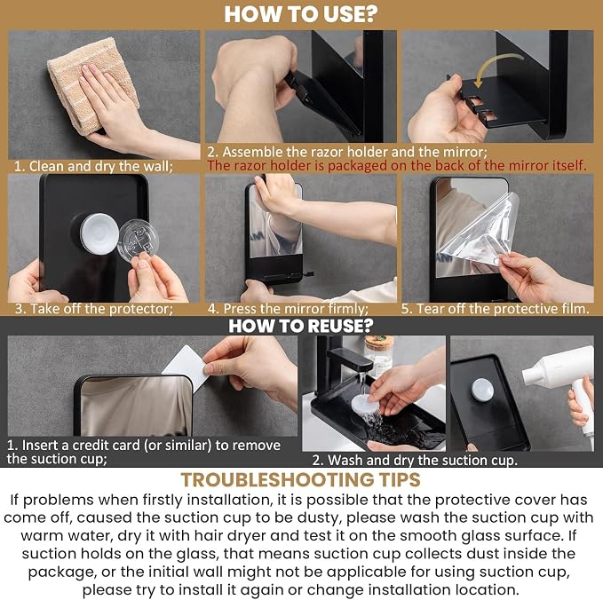 TAILI Shower Mirror Fogless for Shaving,Fogless Mirror Suction Wall Mounted | Shower Mirror Fogless, Shaving Mirrors, Removable & Reusable, Wall Mount, Razor Holder Storage, Bathroom Accessories K9