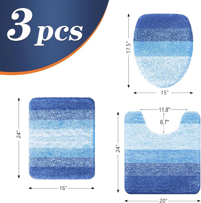 OLANLY Bathroom Rugs Sets 3 piece, Soft Microfiber Absorbent Bath Mat, U-Shaped Contour Toilet Mat and Toilet Lid Cover, Machine Washable, Toilet Cover and Rug Set for Bathroom, Light Royal Blue