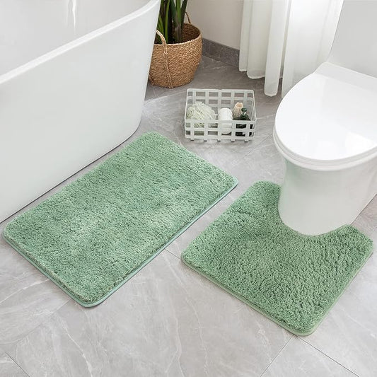 MIULEE Sage Green Bathroom Rugs Set 2 Piece Soft Bath Mats 20x20+20x32 Inch | Absorbent Microfiber Bath Mat and U-Shaped Toilet Rug, Non Slip, Quick Dry, for Bathroom Floor Tub Showers, Machine Washable