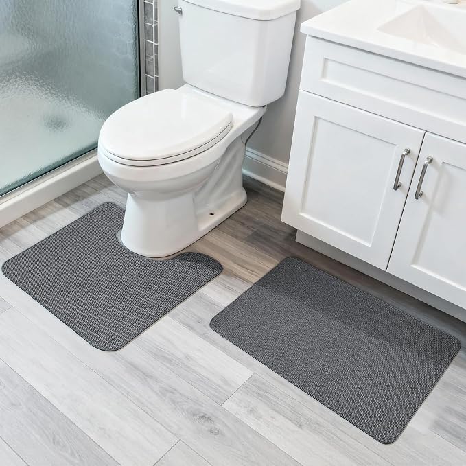 Bosap Bath Mat Set 2 Pieces,Ultra Thin Bathroom Rugs,Rubber Toilet Rugs | Non Slip,Quick Dry,Machine Washable,Low Pile,Absorbent,Shower,Sink,Bathroom Decor.(Dark Grey,17"x27" Plus 20"x24"U Shaped)