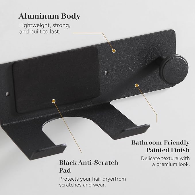 BVL Matte Black Hair Dryer Holder Wall Mount, Aluminum Blow Dryer Rack with Protective Contact Pad, Adhesive Pad & Screws Included, Renter Friendly Bathroom Organizer