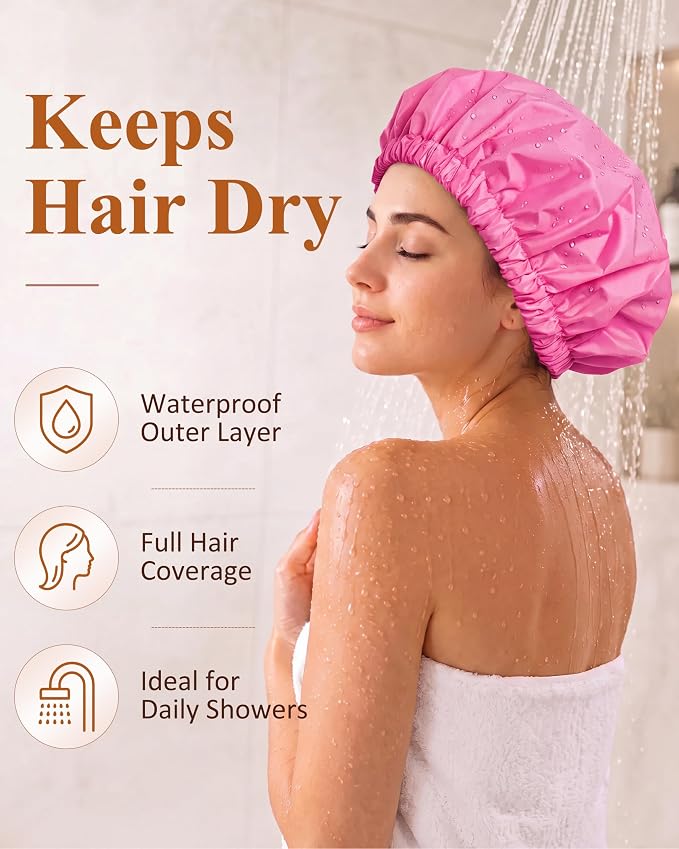 Edoneery Shower Caps for Women Reusable Waterproof, Shower Hair Cap | Washable Bonnet, Wide Elastic Band, Large Fit, Holds Long Hair, Braids Friendly, Bath Accessories, Spa, Travel