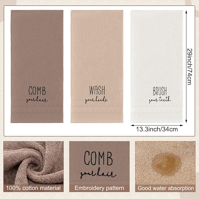 3 Pcs Hand Towels Bathroom Set,Brown,Brush Comb Wash | Embroidered Cotton Farmhouse Towels, Kitchen Decor, Rustic Boho Decorative with Text Labels, Guest Bath Home