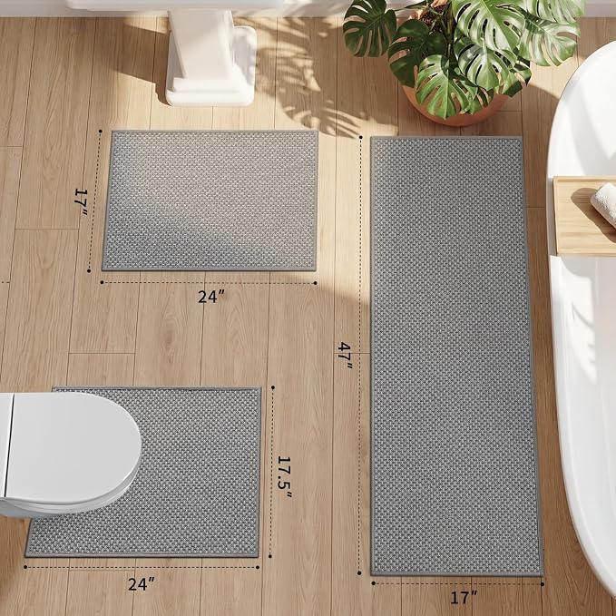 YIHOUSE Thin Bath Mat Light Grey Bathroom Rugs Sets 3 Pieces, Non Slip Absorbent Bath Mats Quick Dry, Woven Braided Rugs Washable, Tapetes para Baño for Bathroom,Bathtub(17.5"x24"U+17"x24"+17"x47")