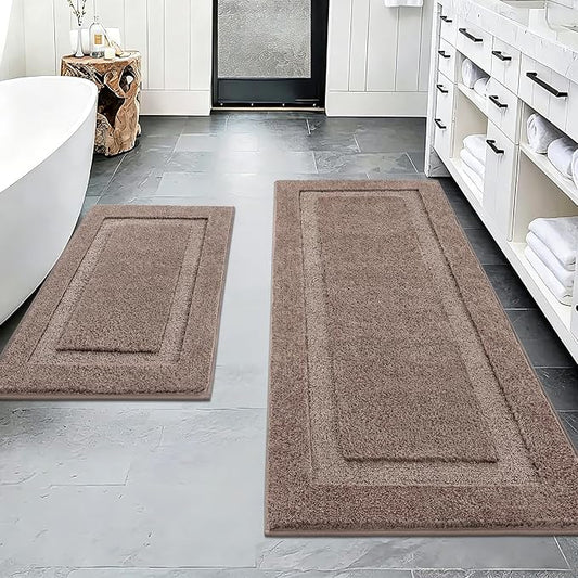 SHACOS Soft Microfiber Bathroom Rugs Set of 2 Pieces, Coffee | 47x20 + 32x20, Absorbent Plush Bath Rugs, Non Slip Washable Shaggy Bath Mats, Fluffy Bathroom Runner Floor Mats Shower Rug
