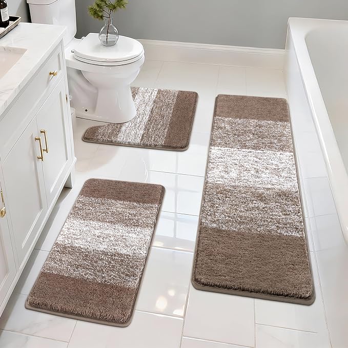 Pauwer 3 Piece Bathroom Rug Set, Microfiber Non Slip Bath Mats, Brown | Machine Washable, Quick Dry, Ultra Absorbent Floor Carpet, Plush Shower Rugs, U-Shaped Contour Toilet Mat