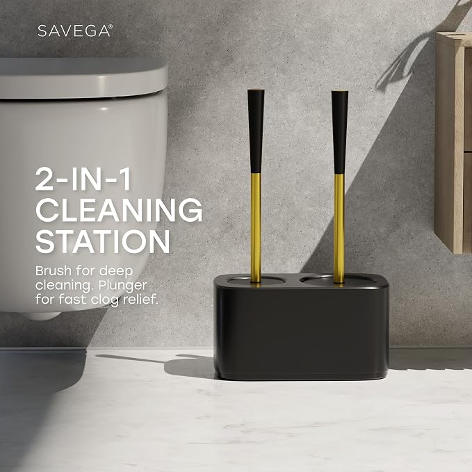 2-in-1 Toilet Bowl Brush and Plunger Set with Caddy – Gold | All-in-one toilet bowl brush and plunger combo with a compact plastic caddy & steel handles in gold
