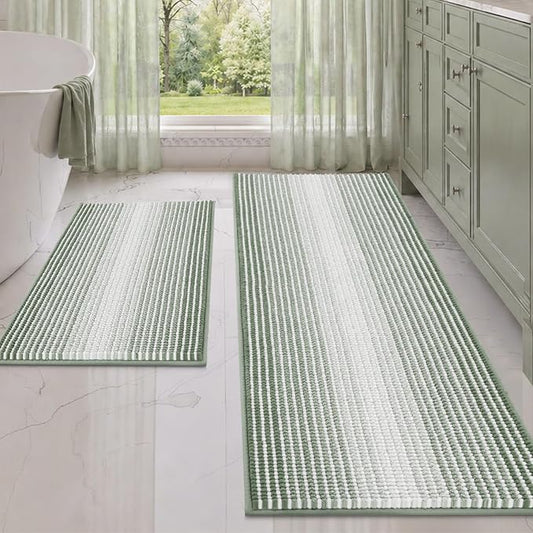 Bathroom Rugs Sets 2 Piece, Non Slip Bath Mats, Greyish Green | 20"x60" Plus 20"x32", Soft Absorbent Striped Chenille, Quick Dry Machine Washable, Shower Rug for Bathroom Bedroom Décor