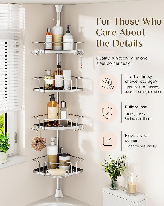 ALLZONE Corner Shower Caddy Tension Pole, 4 Hang-On Basket with Mixed-Height Shelves for Various Bottle Sizes, Extra Hooks & Soap Holder, Rustproof Stainless Steel, Fits 34–116 Inch, Silver/Dark Gray