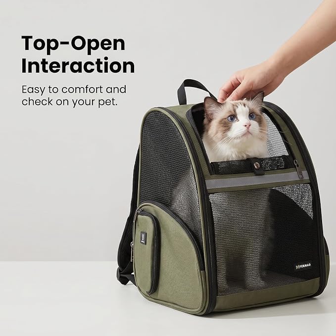 Cat Backpack Carrier for Small Dogs and Medium cat Puppy Kitten Bunny Pet Carrier Backpack Collapsible with Fully Ventilated Mesh with Safety Leash (DarkGreen, 12.9" L x 10.62" W x 15.5" H - M)