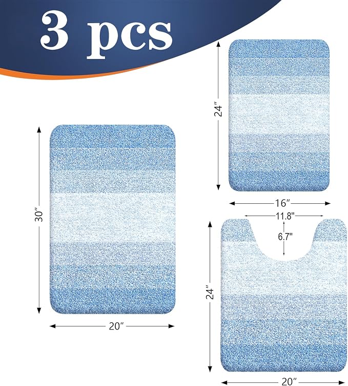 OLANLY Microfiber Bathroom Rugs Sets 3 Piece, 30"x20"+24"x16"+24"x20" | Light Blue, Soft Absorbent Bath Mat and U-Shaped Contour Toilet Rug, Machine Wash Dry, Plush Shaggy Bath Mat Set for Bathroom