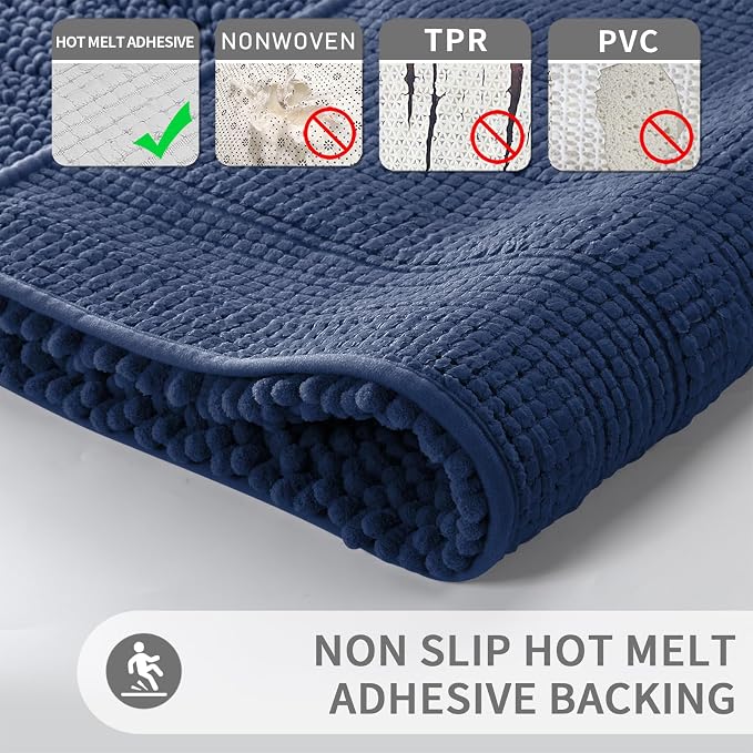 Yimobra U Shaped Toilet Rug Set, Absorbent Chenille, 24x17+24x20, Navy Blue | Non Slip Machine Washable Quick Dry Bath Mat Set, Soft Plush Shower Rugs for Bathroom Floor Sink Tub and Shower Outside