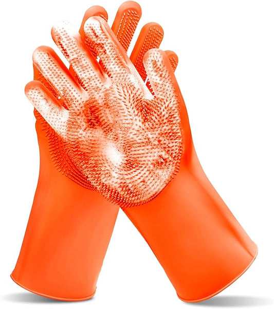 Pet Grooming Gloves—Dog Washing Gloves with High-Density Teeth | Dog Bath Scrubber with Enhanced Five Finger Design, Silicone Gloves for Dogs and Cats Bathing, Massage (Orange)