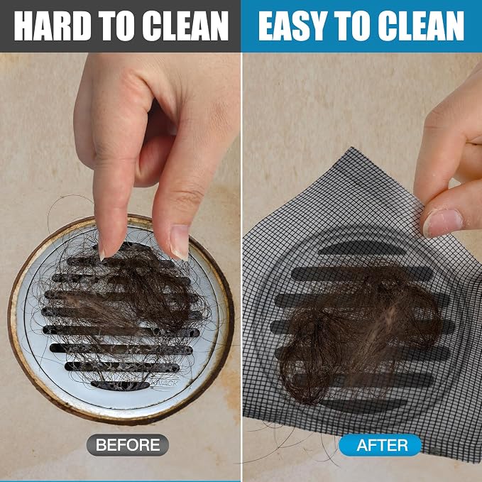 2 Pack Linear Shower Drain Hair Catcher Mesh Stickers Cutable | 4x33ft Disposable Adhesive Mesh Cover for Bathroom Kitchen Bathtub Floor Drains, DIY Install, Includes 2 Removal Tools