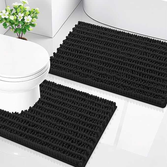 Smiry Bathroom Rugs Sets 2 Piece (30x20+24x20), Extra Soft Bath Mats | Black Soft Absorbent, Rubber Backing Machine Washable Quick Dry Chenille Bath Rug Set for Tub, Shower, and Floor