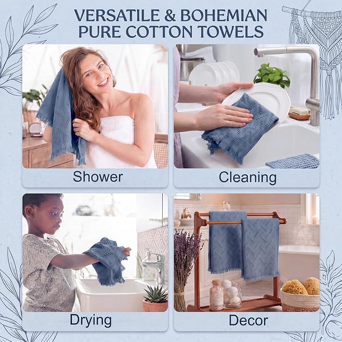 HunnmingRe 21 Pack Boho Hand Towel for Kitchen,Dusty Blue | 14x30 Inch, 100% Turkish Cotton, Summer Boho Decorative ,Towel Waffle ,Farmhouse Decor ,Absorbent Soft ,Guest Gift