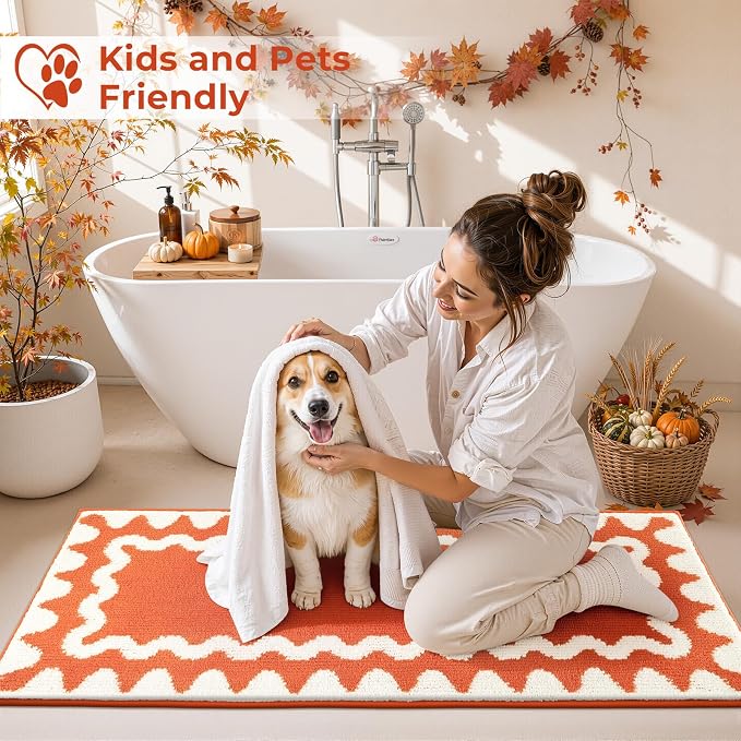 Findosom Fall Bathroom Rugs Sets 3 Piece, Absorbent Non-Slip Bath Rug Set | Washable Soft Microfiber Shaggy Scalloped Fall Bath Mat Set with Bathroom Runner Rug, U-Shaped Toilet Rugs, Shower Rug,Orange