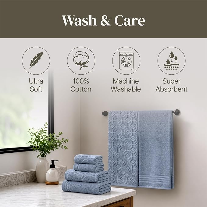 Modern Threads 6 Piece Cotton Bath Towel Set – Ultra Soft 550 GSM Towels – Bathroom Set with Hand Towels and Washcloths – Geometric (Blue)