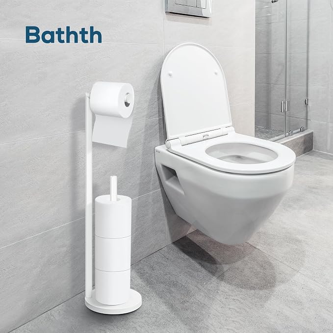 Toilet Paper Holder Stand, White Toilet Paper Holder Free Standing | Toilet Paper Holder for 4 Rolls, Bathroom Organizers and Storage with Anti-Slip Base and Rustproof
