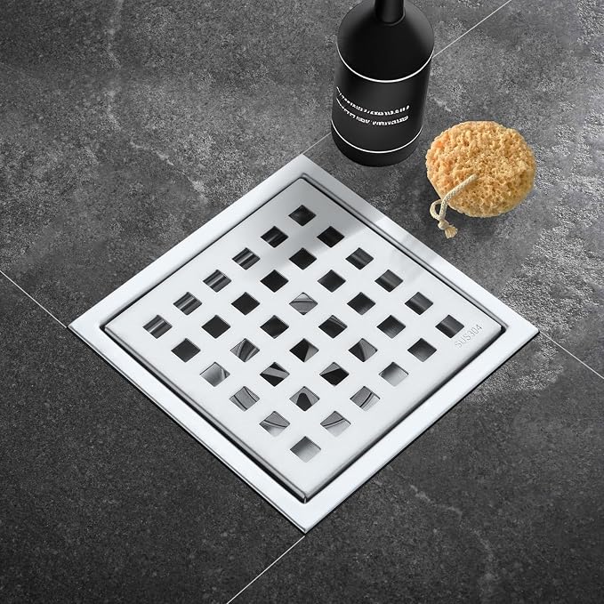 Square Shower Drain 4-Inch. with ABS Flange, Removable Grille,Bathroom Brushed Stainless Steel Shower Floor Drain