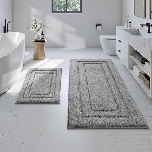 HOMEIDEAS Bathroom Rugs Sets 2 Piece, Soft Extra Long Bath Mat Grey | Super Soft and Absorbent Non Slip Microfiber Bath Rug，Machine Washable, for Bathroom, 20" x 47" + 16" x 24"