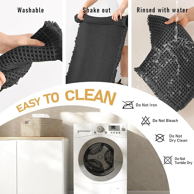 JIUZHEN Set of 2 Waffle Bath Mats Boho Bath Rugs 16"x24"+20"x32", Black | Non Slip, Super Absorbent, Washable, Ultra Soft, Fast Drying Waffle Bathroom Rugs for Bathroom Floor, Tub, Shower