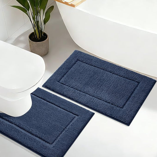 IM HOME Bathroom Rugs Sets 2 Pieces, Ultra Soft Thick Plush Fluffy Microfiber Absorbent Bath Mat, Non-Slip Backing, Machine Washable Bath Mats for Bathroom (24"x17" + U Shape 24"x20", Navy Blue)