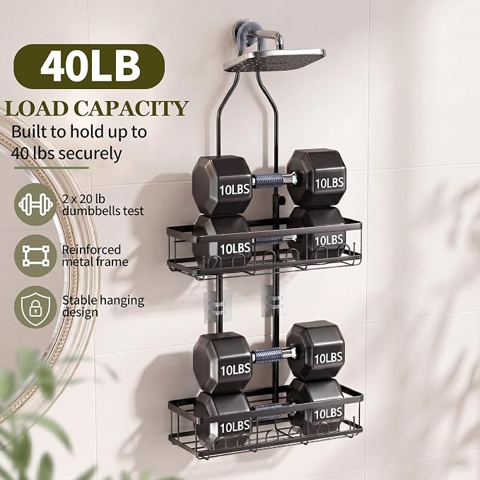 Skyapex Shower Caddy Hanging Over Shower Head, Adjustable, Black | Adjustable height fits tall bottles up to 18 inches; anti-sway design holds 40 lb; quick-drain steel; includes 2 soap trays.
