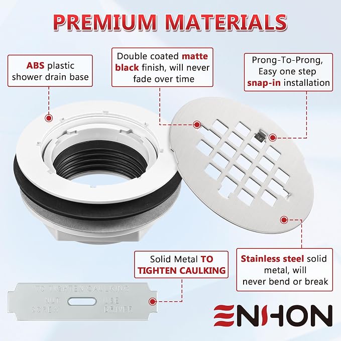 Enhon 4.25" OD Shower Drain Assembly, Snap in Shower Base Drain and Round Grid Strainer Cover, Fits 2 in. Schedule 40 ABS and PVC Pipes, Stainless Steel Cap, ABS Base(Silver,1 Pack)