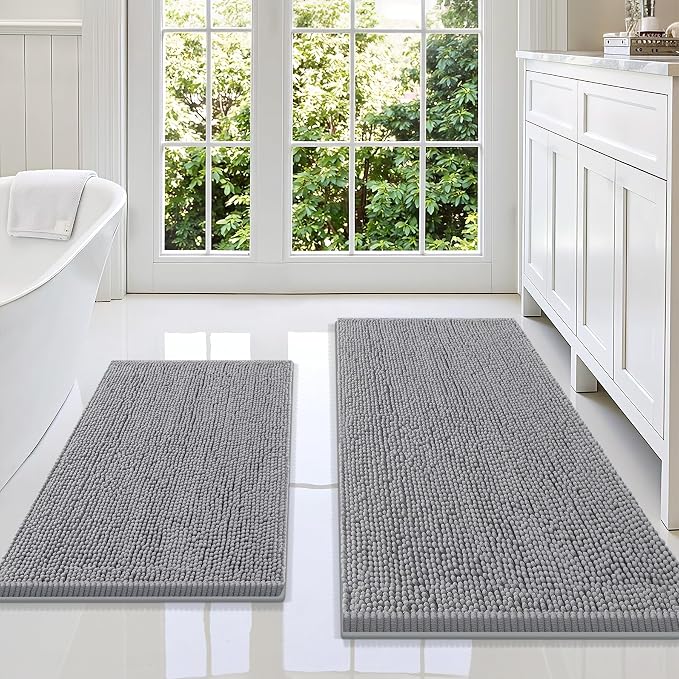 Smiry Chenille Bathroom Rugs Sets 2 Piece (47x20+30x20, Grey) | Soft Absorbent Machine Washable Non Slip Shaggy Bath Rug Set for Tub, Shower, and Floor, Home Decor
