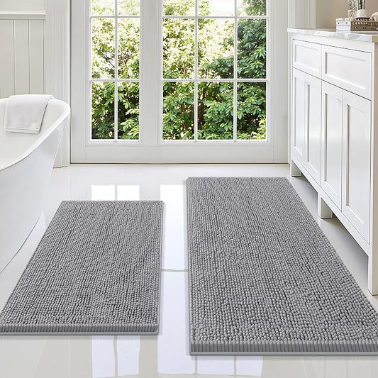 Smiry Chenille Bathroom Rugs Sets 2 Piece (47x20+30x20, Grey) | Soft Absorbent Machine Washable Non Slip Shaggy Bath Rug Set for Tub, Shower, and Floor, Home Decor