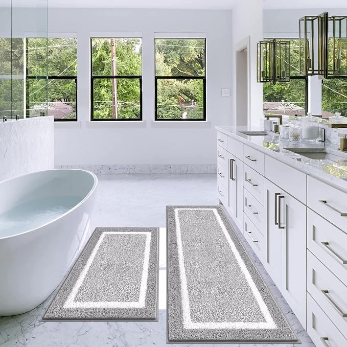 Pauwer Bathroom Rugs Sets 2 Piece, Non Slip Washable Bath Mat, Light Grey | Soft Plush Microfiber, Super Absorbent Floor Carpet, Quick Dry, Shaggy Shower Rug Runner