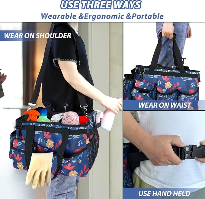 Cleaning Caddy Bag, Cleaning Caddy Organizer With Handle - Large Caddy Bag For House, Car, And Bathroom Cleaning Supplies, Housekeeping Handbag With Adjustable Shoulder Straps (Blue)