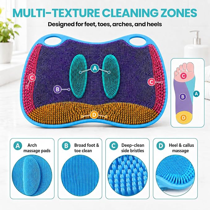 XL Silicone Shower Foot Scrubber Mat with Suction Cups, Foot Washer for Shower, Foot and Back Scrubber for Smooth Shower Wall or Floor, Blue, 17.3 x 12.9 in