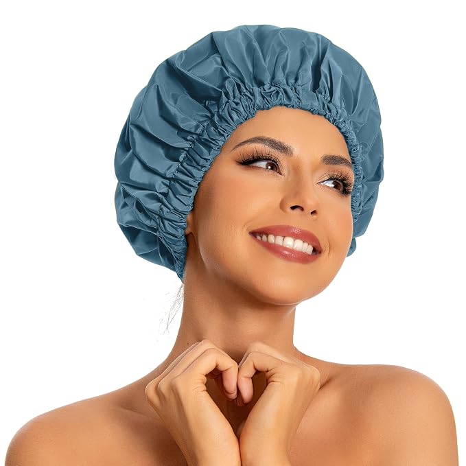 Edoneery Shower Caps for Women Reusable Waterproof, Shower Hair Cap | Washable Bonnet, Wide Elastic Band, Large Fit, Holds Long Hair, Braids Friendly, Bath Accessories, Spa, Travel